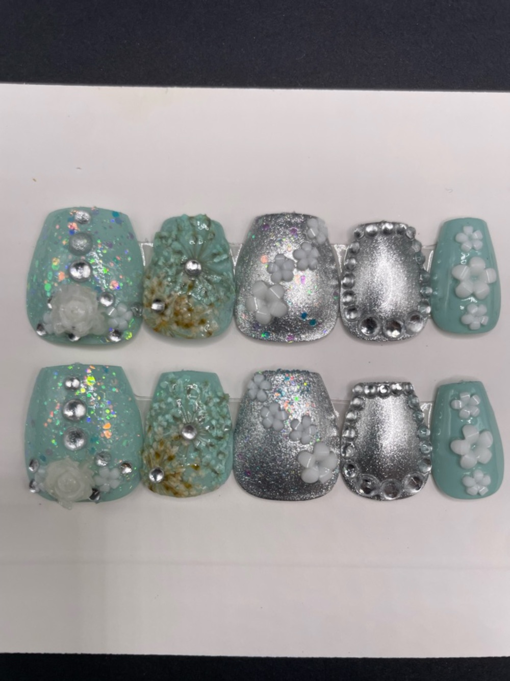 Aqua & Silver 3D Floral Press-On Nail Set